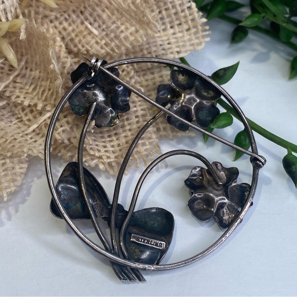 Vintage Sterling Silver Floral Bouquet Bow Circle Brooch Pin - Picture 3 of 6